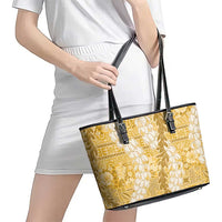 Gold Puakenikeni and Maile Lei Leather Tote Bag Hawaiian Style Tribal Tapa Double Strand Lei LT9 - Polynesian Pride