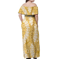 Gold Puakenikeni and Maile Lei Off Shoulder Maxi Dress Hawaiian Style Tribal Tapa Double Strand Lei LT9 - Polynesian Pride