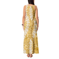 Gold Puakenikeni and Maile Lei Tank Maxi Dress Hawaiian Style Tribal Tapa Double Strand Lei