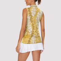 Gold Puakenikeni and Maile Lei Women Sleeveless Polo Shirt Hawaiian Style Tribal Tapa Double Strand Lei