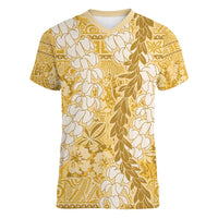 Gold Puakenikeni and Maile Lei Women V-Neck T-Shirt Hawaiian Style Tribal Tapa Double Strand Lei LT9 Female Gold - Polynesian Pride