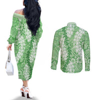 Green Puakenikeni and Maile Lei Couples Matching Off The Shoulder Long Sleeve Dress and Long Sleeve Button Shirt Hawaiian Style Tribal Tapa Double Strand Lei LT9 - Polynesian Pride