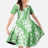 Green Puakenikeni and Maile Lei Family Matching Off The Shoulder Long Sleeve Dress and Hawaiian Shirt Hawaiian Style Tribal Tapa Double Strand Lei LT9 Daughter's Dress Green - Polynesian Pride