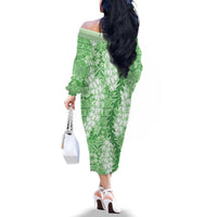 Green Puakenikeni and Maile Lei Family Matching Off The Shoulder Long Sleeve Dress and Hawaiian Shirt Hawaiian Style Tribal Tapa Double Strand Lei LT9 - Polynesian Pride