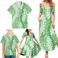 Green Puakenikeni and Maile Lei Family Matching Summer Maxi Dress and Hawaiian Shirt Hawaiian Style Tribal Tapa Double Strand Lei