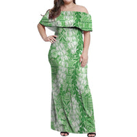 Green Puakenikeni and Maile Lei Off Shoulder Maxi Dress Hawaiian Style Tribal Tapa Double Strand Lei LT9 Women Green - Polynesian Pride