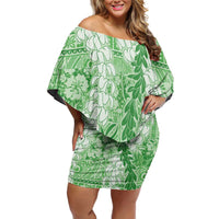 Green Puakenikeni and Maile Lei Off Shoulder Short Dress Hawaiian Style Tribal Tapa Double Strand Lei