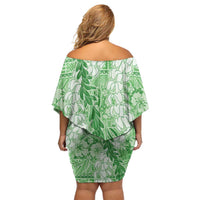 Green Puakenikeni and Maile Lei Off Shoulder Short Dress Hawaiian Style Tribal Tapa Double Strand Lei