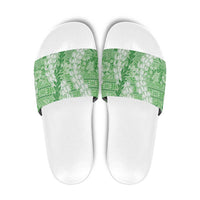 Green Puakenikeni and Maile Lei Slide Sandals Hawaiian Style Tribal Tapa Double Strand Lei - Polynesian Pride