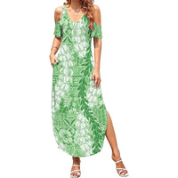 Green Puakenikeni and Maile Lei Summer Maxi Dress Hawaiian Style Tribal Tapa Double Strand Lei