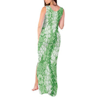 Green Puakenikeni and Maile Lei Tank Maxi Dress Hawaiian Style Tribal Tapa Double Strand Lei