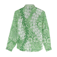 Green Puakenikeni and Maile Lei Women Casual Shirt Hawaiian Style Tribal Tapa Double Strand Lei