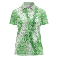 Green Puakenikeni and Maile Lei Women Polo Shirt Hawaiian Style Tribal Tapa Double Strand Lei