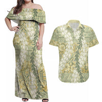 Vintage Puakenikeni and Maile Lei Couples Matching Off Shoulder Maxi Dress and Hawaiian Shirt Hawaiian Style Tribal Tapa Double Strand Lei
