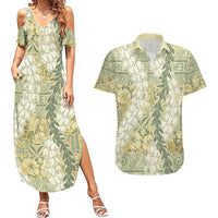 Vintage Puakenikeni and Maile Lei Couples Matching Summer Maxi Dress and Hawaiian Shirt Hawaiian Style Tribal Tapa Double Strand Lei