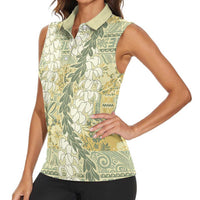 Vintage Puakenikeni and Maile Lei Women Sleeveless Polo Shirt Hawaiian Style Tribal Tapa Double Strand Lei