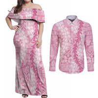 Pink Puakenikeni and Maile Lei Couples Matching Off Shoulder Maxi Dress and Long Sleeve Button Shirt Hawaiian Style Tribal Tapa Double Strand Lei LT9 Pink - Polynesian Pride