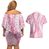 Pink Puakenikeni and Maile Lei Couples Matching Off Shoulder Short Dress and Hawaiian Shirt Hawaiian Style Tribal Tapa Double Strand Lei LT9 - Polynesian Pride