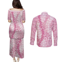 Pink Puakenikeni and Maile Lei Couples Matching Puletasi and Long Sleeve Button Shirt Hawaiian Style Tribal Tapa Double Strand Lei LT9 - Polynesian Pride