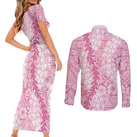 Pink Puakenikeni and Maile Lei Couples Matching Short Sleeve Bodycon Dress and Long Sleeve Button Shirt Hawaiian Style Tribal Tapa Double Strand Lei LT9 - Polynesian Pride