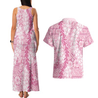 Pink Puakenikeni and Maile Lei Couples Matching Tank Maxi Dress and Hawaiian Shirt Hawaiian Style Tribal Tapa Double Strand Lei LT9 - Polynesian Pride