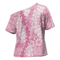 Pink Puakenikeni and Maile Lei Cross Shoulder Shirt Hawaiian Style Tribal Tapa Double Strand Lei LT9 - Polynesian Pride