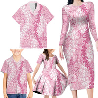 Pink Puakenikeni and Maile Lei Family Matching Long Sleeve Bodycon Dress and Hawaiian Shirt Hawaiian Style Tribal Tapa Double Strand Lei LT9 - Polynesian Pride