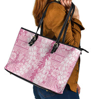 Pink Puakenikeni and Maile Lei Leather Tote Bag Hawaiian Style Tribal Tapa Double Strand Lei LT9 - Polynesian Pride
