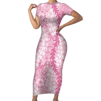 Pink Puakenikeni and Maile Lei Short Sleeve Bodycon Dress Hawaiian Style Tribal Tapa Double Strand Lei LT9 Long Dress Pink - Polynesian Pride