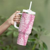 Pink Puakenikeni and Maile Lei Tumbler With Handle Hawaiian Style Tribal Tapa Double Strand Lei