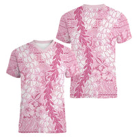 Pink Puakenikeni and Maile Lei Women V-Neck T-Shirt Hawaiian Style Tribal Tapa Double Strand Lei LT9 - Polynesian Pride