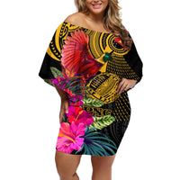 Personalised Papua New Guinea Rugby Off Shoulder Short Dress PNG Kumuls Champions Pacific Bowl LT9 Women Gold - Polynesian Pride