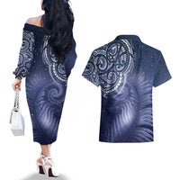New Zealand Galaxy Fern Couples Matching Off The Shoulder Long Sleeve Dress and Hawaiian Shirt LT9 - Polynesian Pride
