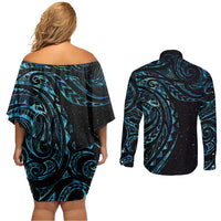 New Zealand Tribal Tattoo Couples Matching Off Shoulder Short Dress and Long Sleeve Button Shirt With Matariki Art