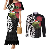 New Zealand Kakapo Christmas Couples Matching Mermaid Dress and Long Sleeve Button Shirt Meri Kirihimete Pohutukawa Flowers LT9 Black - Polynesian Pride