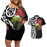 New Zealand Kakapo Christmas Couples Matching Off Shoulder Short Dress and Hawaiian Shirt Meri Kirihimete Pohutukawa Flowers LT9 Black - Polynesian Pride