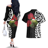New Zealand Kakapo Christmas Couples Matching Off The Shoulder Long Sleeve Dress and Hawaiian Shirt Meri Kirihimete Pohutukawa Flowers LT9 - Polynesian Pride