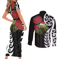 New Zealand Kakapo Christmas Couples Matching Short Sleeve Bodycon Dress and Long Sleeve Button Shirt Meri Kirihimete Pohutukawa Flowers LT9 - Polynesian Pride