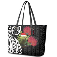 New Zealand Kakapo Christmas Leather Tote Bag Meri Kirihimete Pohutukawa Flowers LT9 - Polynesian Pride