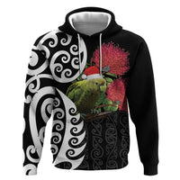 New Zealand Kakapo Christmas Zip Hoodie Meri Kirihimete Pohutukawa Flowers LT9 Pullover Hoodie Black - Polynesian Pride