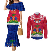 Haiti Independence Day Couples Matching Mermaid Dress and Long Sleeve Button Shirt Libete Egalite Fratenite Ayiti 1804 With Polynesian Pattern LT9 Red - Polynesian Pride