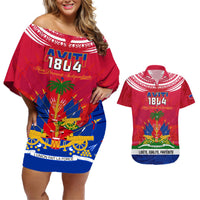 Haiti Independence Day Couples Matching Off Shoulder Short Dress and Hawaiian Shirt Libete Egalite Fratenite Ayiti 1804 With Polynesian Pattern LT9 Red - Polynesian Pride