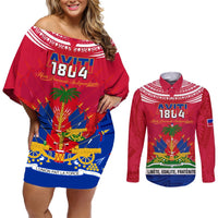 Haiti Independence Day Couples Matching Off Shoulder Short Dress and Long Sleeve Button Shirt Libete Egalite Fratenite Ayiti 1804 With Polynesian Pattern LT9 Red - Polynesian Pride