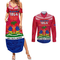 Haiti Independence Day Couples Matching Summer Maxi Dress and Long Sleeve Button Shirt Libete Egalite Fratenite Ayiti 1804 With Polynesian Pattern LT9 Red - Polynesian Pride
