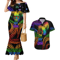 Personalised Its In My DNA Valentine Day Couples Matching Mermaid Dress and Hawaiian Shirt Fingerprint Heart with Color Pride Flag LT9 No Dress - Polynesian Pride