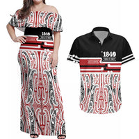 Personalised Toitu Te Tiriti Aotearoa 1840 Couples Matching Off Shoulder Maxi Dress and Hawaiian Shirt Red Kowhaiwhai Puhoro LT9 Black - Polynesian Pride