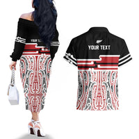 Personalised Toitu Te Tiriti Aotearoa 1840 Couples Matching Off The Shoulder Long Sleeve Dress and Hawaiian Shirt Red Kowhaiwhai Puhoro LT9 - Polynesian Pride