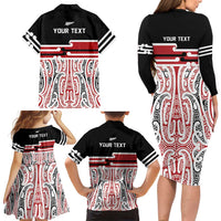 Personalised Toitu Te Tiriti Aotearoa 1840 Family Matching Long Sleeve Bodycon Dress and Hawaiian Shirt Red Kowhaiwhai Puhoro LT9 - Polynesian Pride