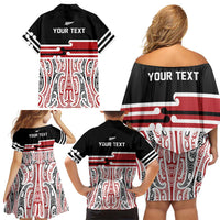 Personalised Toitu Te Tiriti Aotearoa 1840 Family Matching Off Shoulder Short Dress and Hawaiian Shirt Red Kowhaiwhai Puhoro LT9 - Polynesian Pride