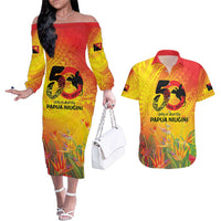 Papua New Guinea Unity in Diversity Couples Matching Off The Shoulder Long Sleeve Dress and Hawaiian Shirt 50th Indipendens Papua Niugini